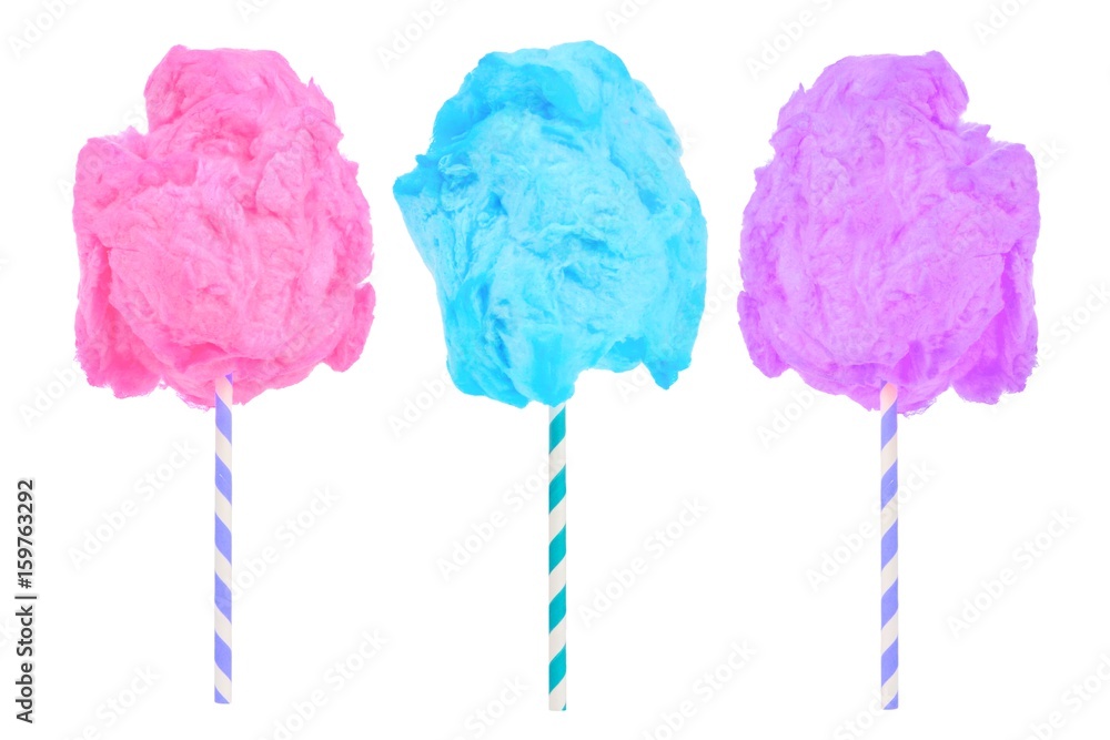 Cotton candy in pink, blue and purple colors isolated on a white background Cotton candy in pink, blue and purple colors isolated on a white background