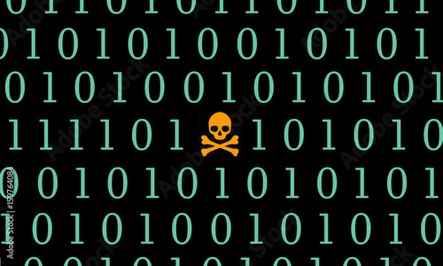 Global attack ransomware Skull with Binary Code Screen Background. WannaCry, Virus attack, Computer Security illustration.