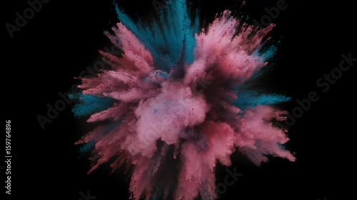 Colorful powder/particles fly after being exploded against black background. Shot with high speed camera, phantom flex 4K. Slow Motion. Included 2 different color versions. photo