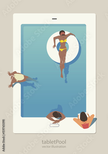 Tablet Pool. Group of people taking a bath in a pool shaped tablet