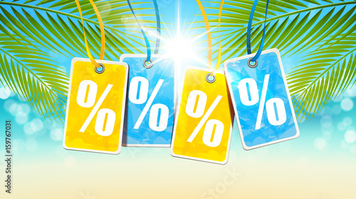 Sommer Strand mit Palmen, Sonnenlicht Bokeh - Etiketten Prozente 