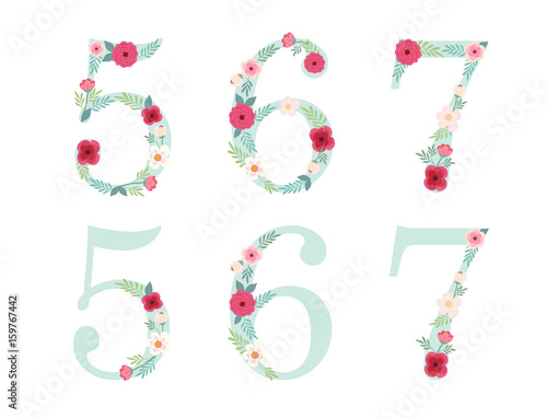 Cute vintage numbers with hand drawn rustic flowers