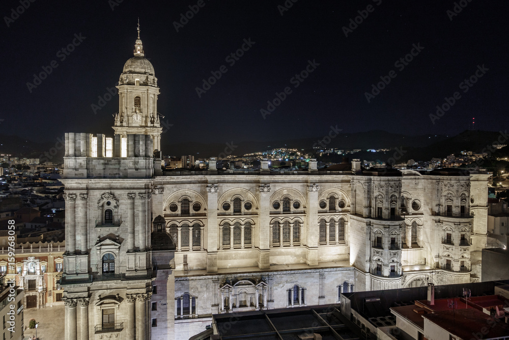 Cityscape of Malaga Cathedral by night