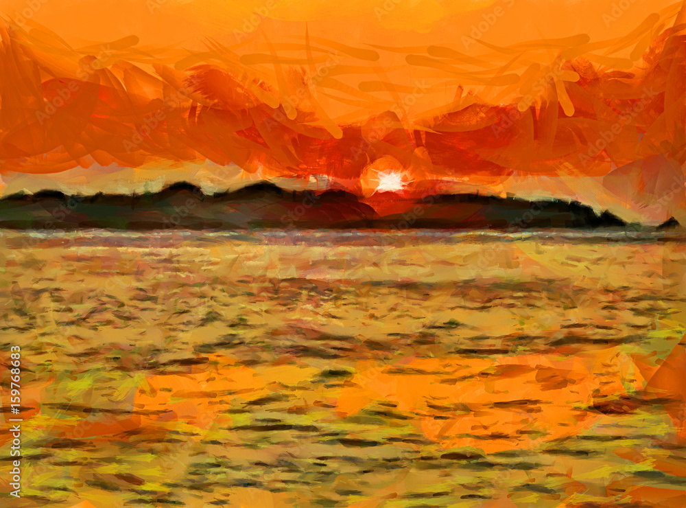 Illustrated image of sunset over the horizon near an exotic island in the ocean
