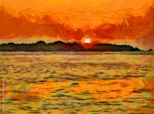 Illustrated image of sunset over the horizon near an exotic island in the ocean 