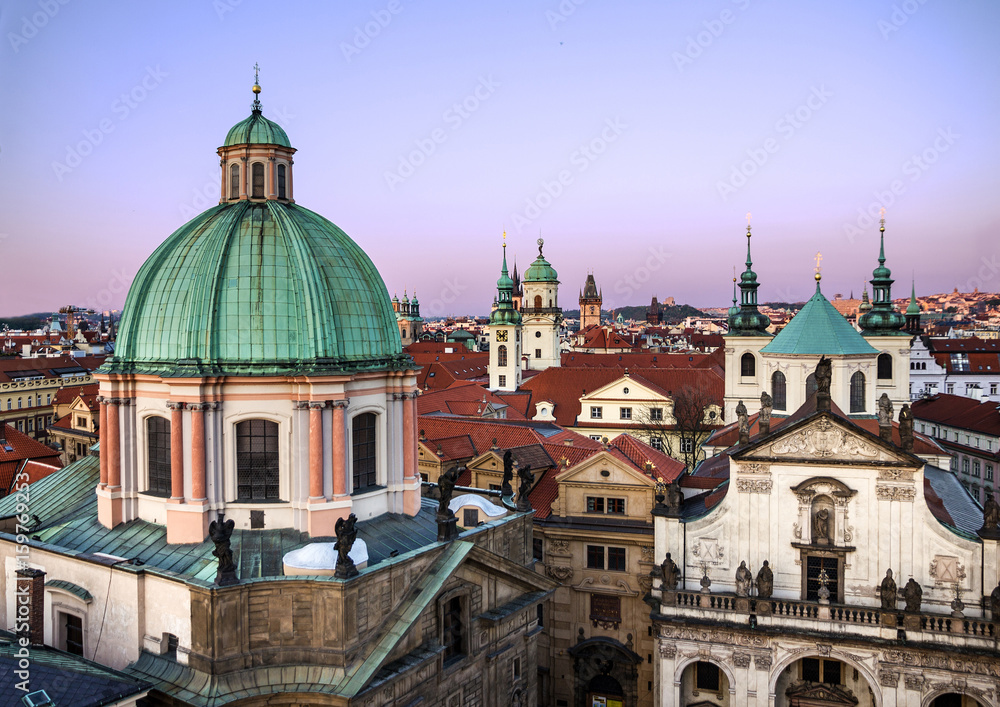 Prague churchs and old town panorama, Czech Republic.
