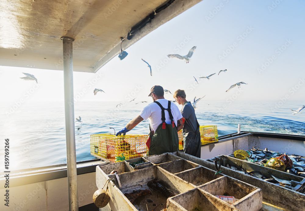 Two fishermen throwing lobster traps Two fishermen throwing lobster traps