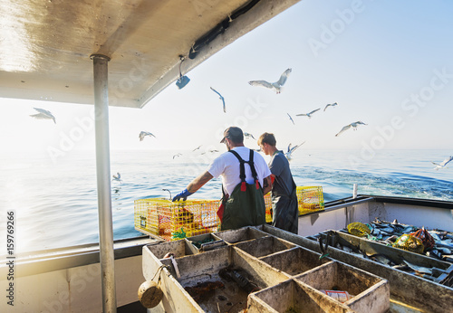 Two fishermen throwing lobster traps