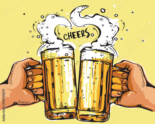Vector image of two hands holding beer mugs. Drinks with a lot of foam forming a heart shape. Cheers.
