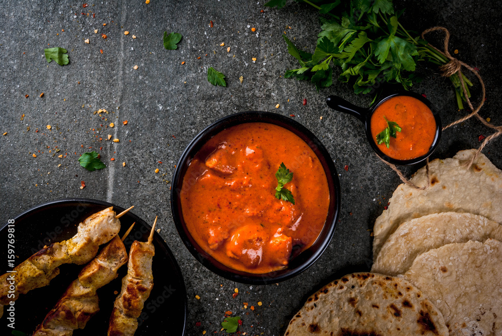 Indian food. Traditional dish spicy chicken tikka masala, butter ...
