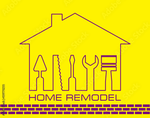 Silhouette of a house with tools for repair.  Logo home remodel in yellow. Stock vector. Flat design. 