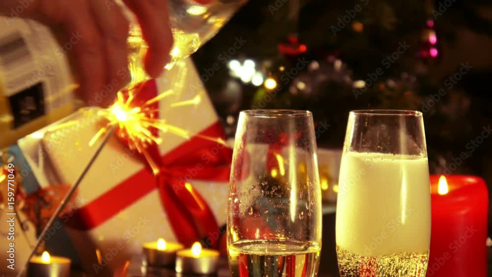 Merry Christmas - Pouring champagne from the bottle - 4 k Merry Christmas - Pouring champagne from the bottle - 4 k