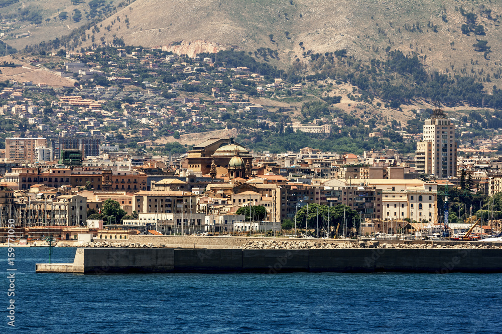 A view of the port and city of Palermo from the sea. Sicily