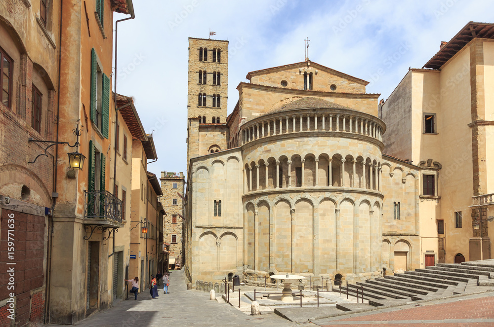 Arezzo in Tuscany, Italy - Piazza Grande, Church Santa Maria della Pieve and via di Seteria