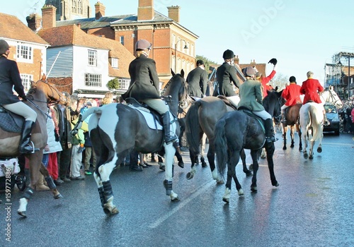 fox hunt start hounds and horses with riders in red coats and jackets at start of hunting stock, photo, photograph, image, picture,  photo