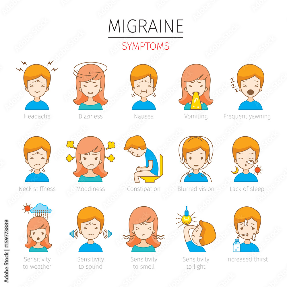 Migraine Symptoms Icons Set, Head, Brain, Internal Organs, Body, Physical, Sickness, Anatomy, Health Migraine Symptoms Icons Set, Head, Brain, Internal Organs, Body, Physical, Sickness, Anatomy, Health