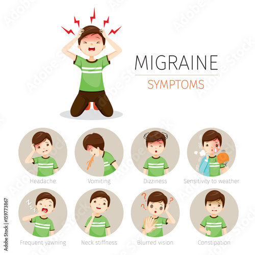 Young Man With Migraine Symptoms Icons Set, Head, Brain, Internal Organs, Body, Physical, Sickness, Anatomy, Health