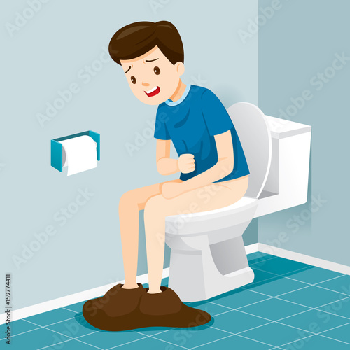 Man Sitting On Toilet, Suffering of Diarrhoea And Abdominal Pain, Stomach, Internal Organs, Body, Physical, Sickness, Anatomy, Health