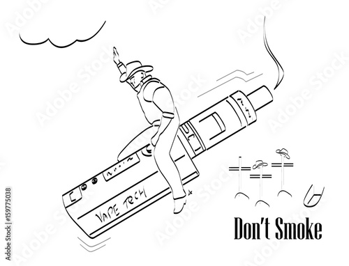 Illustration with cow boy riding on top of vape machine (E-cig, E-cigarette, Vaporizer,) with graves of other cowboys and text " Don't Smoke ". Concept about the dangers of smoking