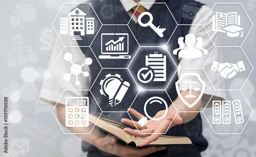 Education Compliance Regulations Concept. Man with book offers clipboard check mark icon on virtual screen. Learning Rules Laws Technology. Education Compliance Regulations Concept. Man with book offers clipboard check mark icon on virtual screen. Learning Rules Laws Technology.