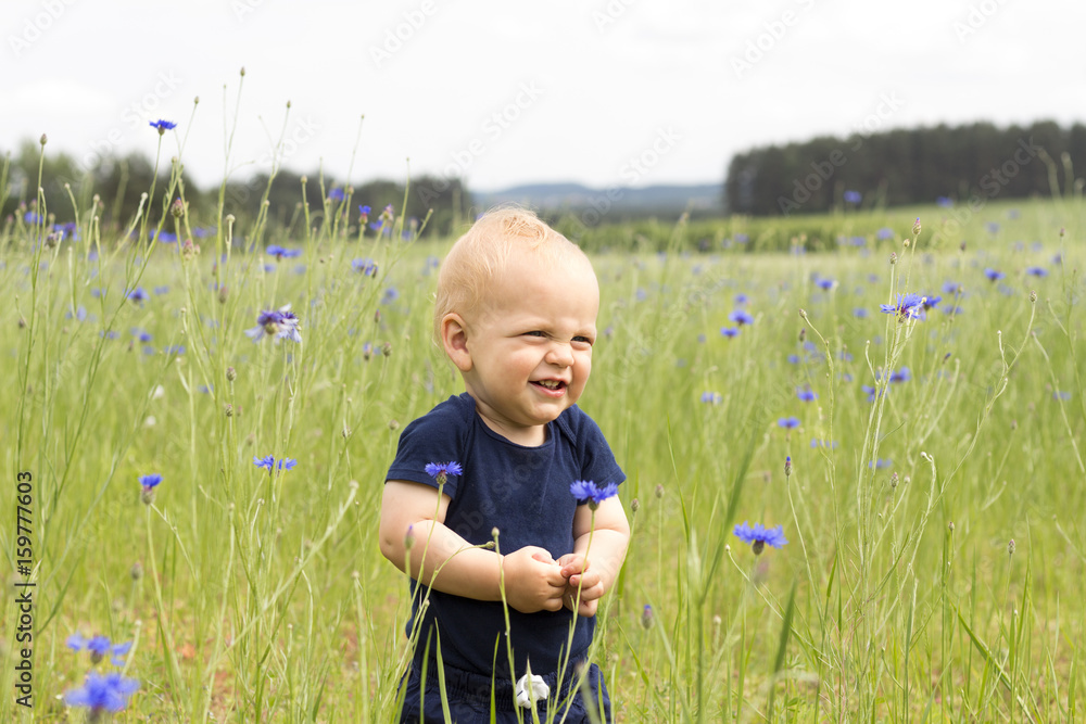Funny smiling infant kid in the field of blue cornflowers Funny smiling infant kid in the field of blue cornflowers