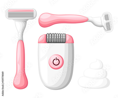 Women's razor collection for website. Bottle of wax, sugar paste for sugaring, scissors, wax strips, shaving razor, eyebrow tweezers, clipper. Shaving icon isolated on white background.