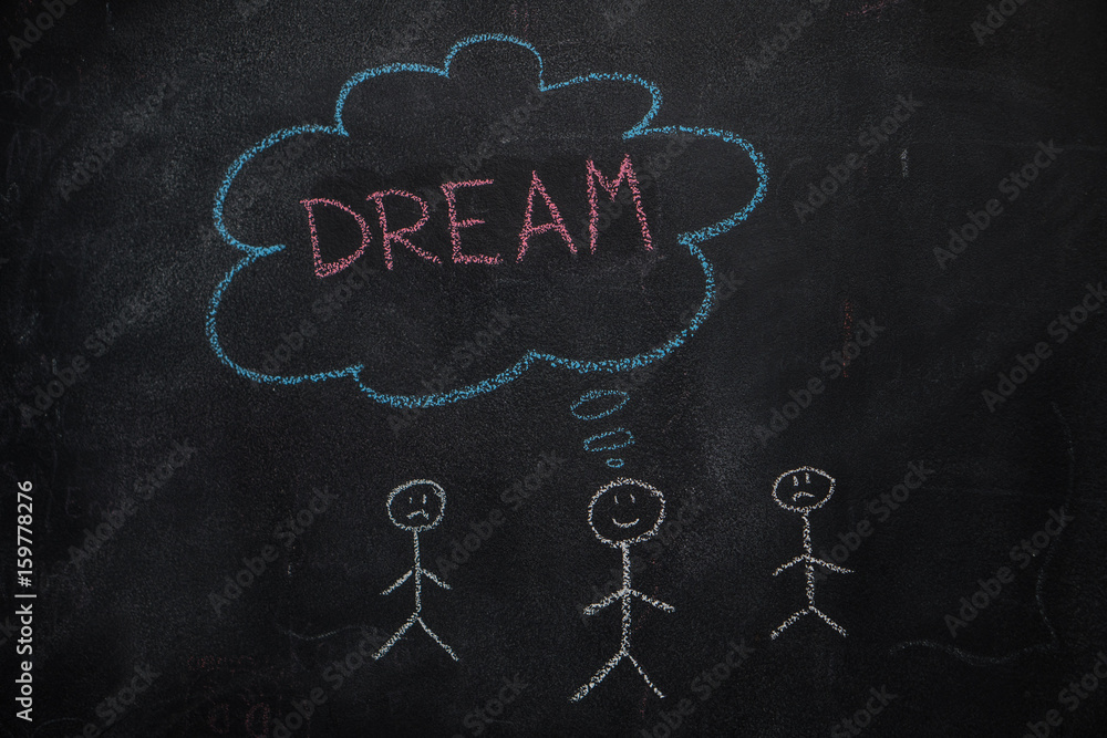 Symbol of human with blue cloud and red dream word drawn, written with chalk on blackboard Symbol of human with blue cloud and red dream word drawn, written with chalk on blackboard