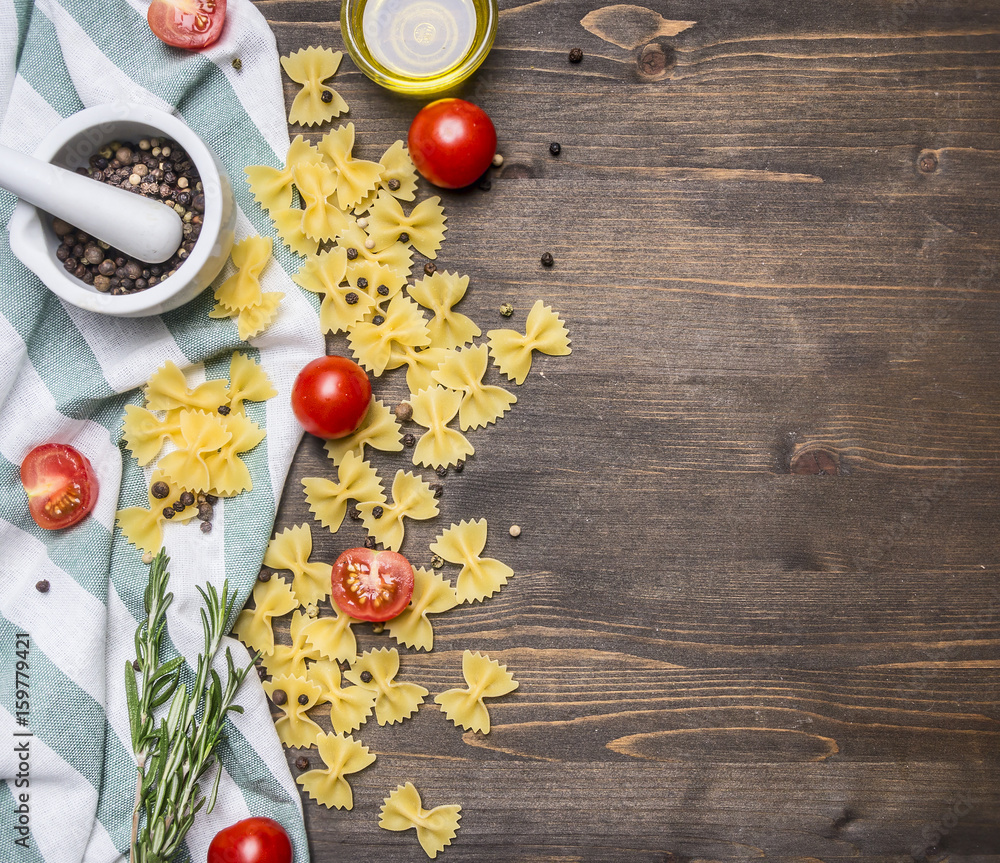 homemade vegetarian pasta laid out on a wooden rustic table with herbs, kitchen cloth, cherry tomatoes, Border, place for text