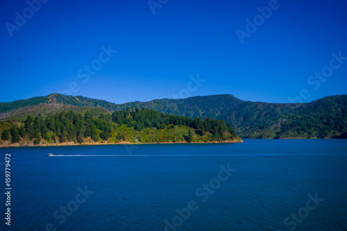 Beautiful landscape with gorgeous blue sky in a sunny day seen from ferry from north island to south island, in New Zealand © Fotos 593