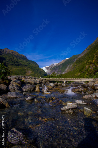 Beautiful view of Franz Josef Glacier in Westland National Park on the West Coast of South Island. Southern Alps mountains