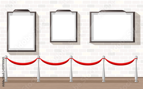 Three empty picture frames with stanchion museum exhibition background vector illustration