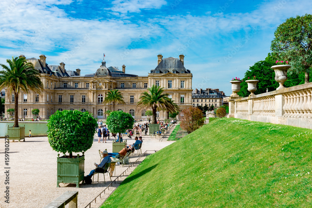 Jardin du Luxembourg, Paris, France. Senat, parc, chaises. - obrazy, fototapety, plakaty 