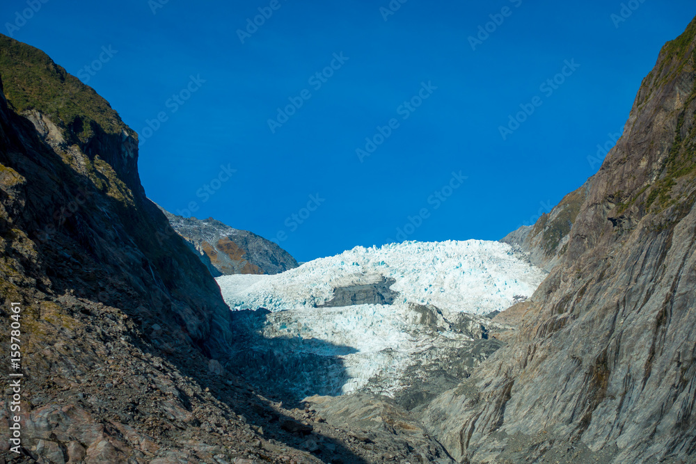 Franz Josef Glacier and valley floor, Westland, South Island, Franz Josef Glacier National Park, in New Zealand
