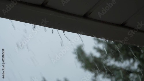 Rain dripping off the gutter during a storm