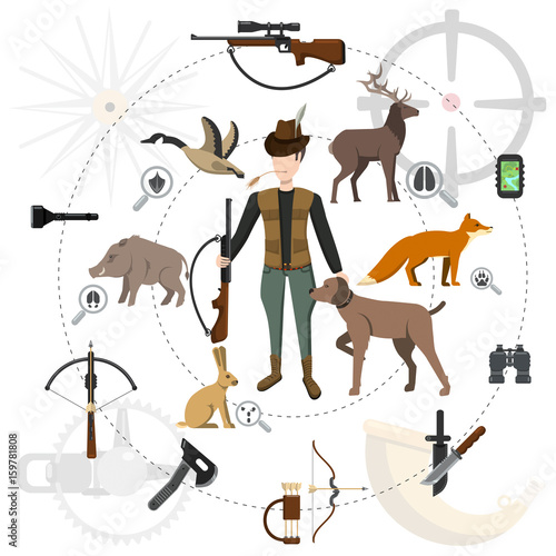 Hunting icon set, animals and hunter with a gun, accessories