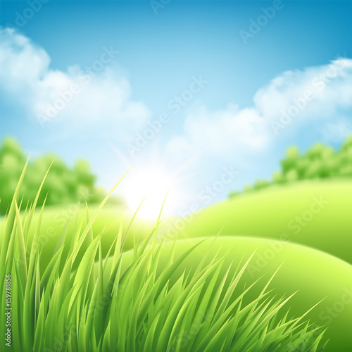 Summer nature sunrise background, a landscape with green hills and meadows, blue sky and clouds. Vector illustration
