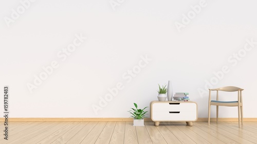 Living Room Interior with chair, plants, cabinet, on empty white wall  background. 3D rendering Stock Illustration | Adobe Stock