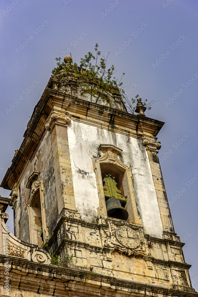 Old ruined historic church tower with bell in the neighborhood of Pelourinho in Salvador, Bahia