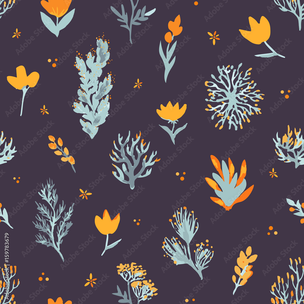 Naklejka premium Floral vector seamless pattern. Wildflowers and plants on dark background. The elegant template for fashion prints.
