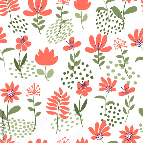 Simple flower pattern. Seamless cute floral and dots background. Vector illustration. Template for fashion prints.
