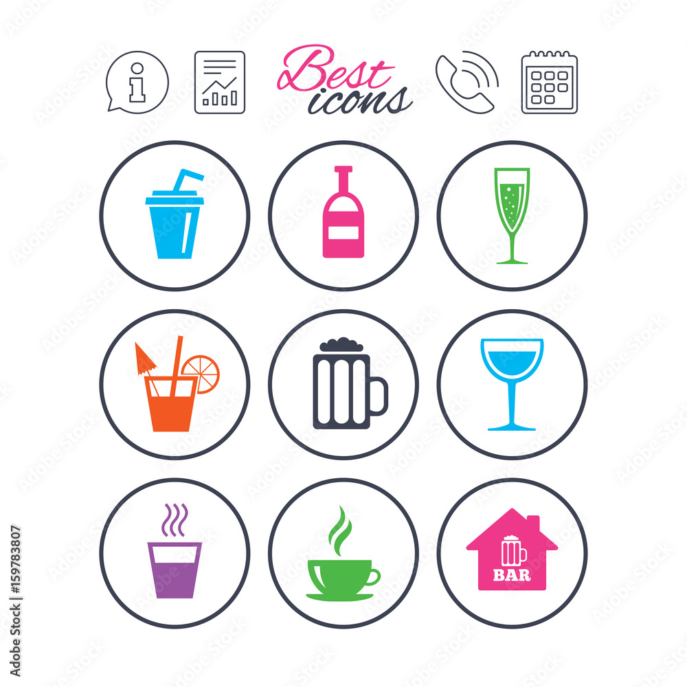 Coffee, tea icons. Alcohol drinks signs. Coffee, tea icons. Alcohol drinks signs.