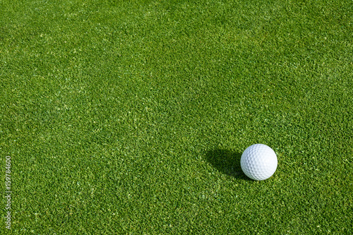 Side view of golf ball on a putting green
