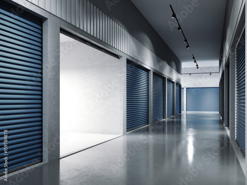 Storage facilities with blue doors. Opened door. .. 3d rendering photo