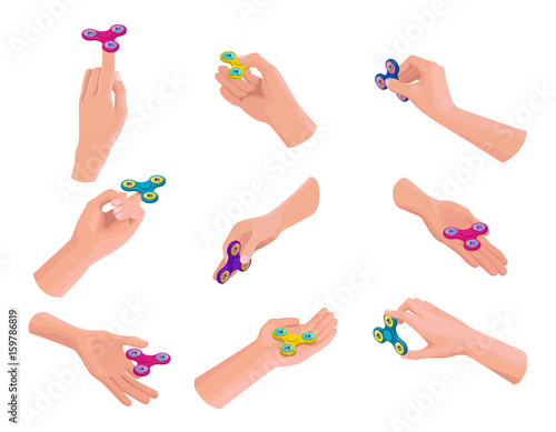 Set of hands holding, playing and making tricks with fidget spinner, isometric vector illustration with colorful anti-stress toys or gadgets