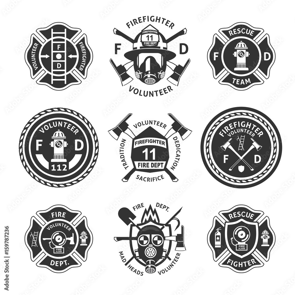 Vintage Monochrome Firefighting Labels Set Stock Vector | Adobe Stock