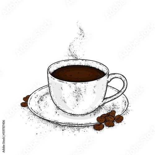 Beautiful cup and saucer. Coffee in a cup and coffee beans. Vector illustration.
