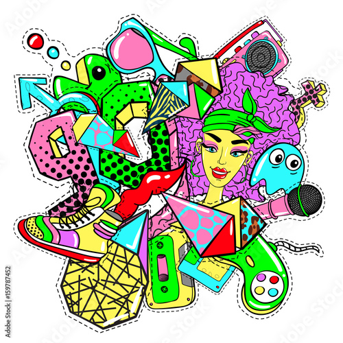 Bild auf Leinwand Colorful 90s Fashion Patches Doodle Template
