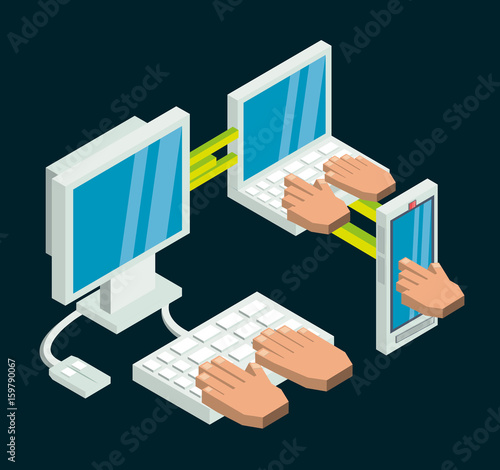 set isometric communications technology tools vector illustration