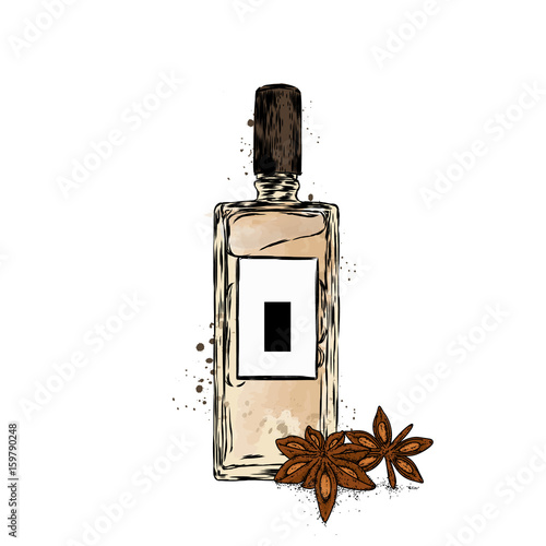 A beautiful perfume bottle and an asterisk. Vector illustration for a rat or poster, print on clothes. Fashion & Style. Vintage