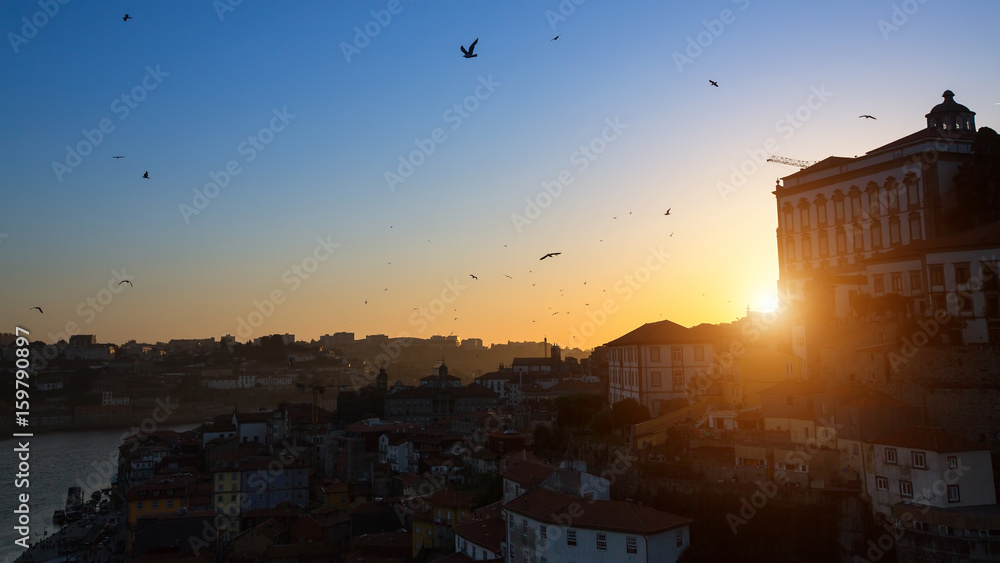 Bird's-eye view old downtown of Porto at sunset, Portugal.